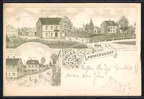 Lithographie Lammersdorf, Gasthof zur Eisenbahn, Restaurant von M. J. Mertens, Pfarrhaus