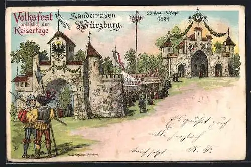 Lithographie Würzburg, Volksfest anlässlich der Kaisertage auf dem Sanderrasen 1897, Festplatz, Verlag Franz Scheiner