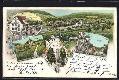 Lithographie Helsa b. Cassel, Hotel z. König, Berghaus, Geschäftshaus von Fr. Krug