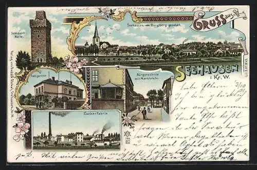 Lithographie Seehausen / Wanzleben, Amtsgericht, Zuckerfabrik, Seehäuser Warte