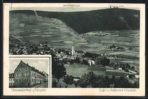 AK Oberwiesenthal, Cafe Restaurant Friedrich, Gesamtansicht mit Fichtelberg