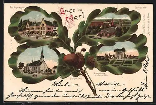 Passepartout-Lithographie Werl, Ursulinenkloster, Probsteikirche und Schlossruine im Eichenzweig