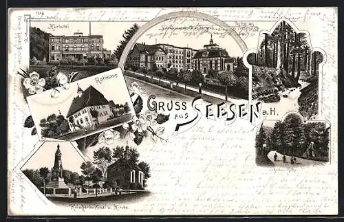 Lithographie Seesen, Rathaus, Kurhotel, Jacobsonschule & Tempel, Schildau-Köthe