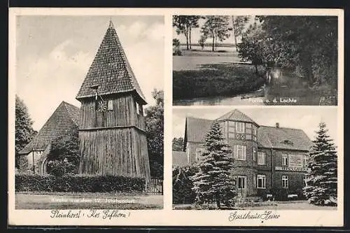 AK Steinhorst /Gifhorn, Gasthaus Heine, Inh. Herm. Zuche, Kirche aus dem 12. Jhr., Lachtepartie