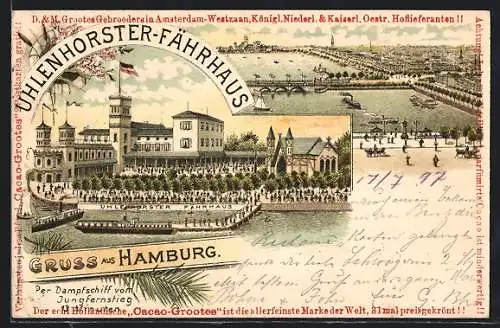 Lithographie Hamburg, Uhlenhorster-Fährhaus, Dampfer