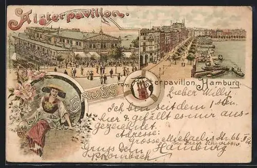 Lithographie Hamburg-Neustadt, Partie am Alsterpavillon