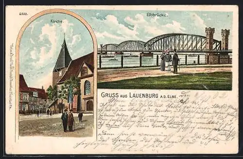 Lithographie Lauenburg a. d. Elbe, Kirche und Elbbrücke