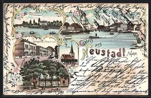 Lithographie Neustadt i. Holst., Julienbad mit Gasthaus, Marienbad, Amtsgericht und Postgebäude