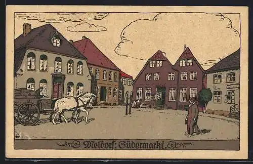 Steindruck-AK Meldorf, Karren auf dem Südermarkt