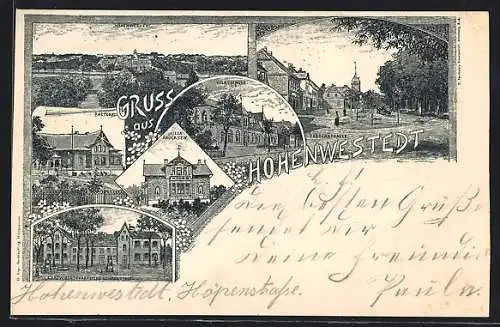 Lithographie Hohenwestedt, Villa Andersen, Landwirtschaftliche Lehranstalt, Pastorat und Volksschule