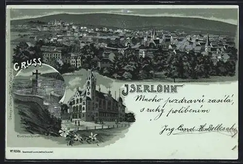 Mondschein-Lithographie Iserlohn, Eisernes Kreuz, Alexanderhöhe, Ortsansicht aus der Vogelschau