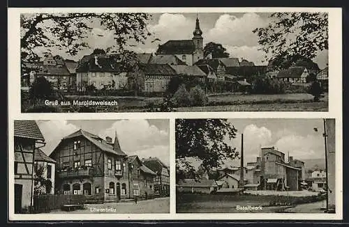 AK Maroldsweisach, Basaltwerk, Gasthof Löwenbräu O. Seufert, Ortspanorama