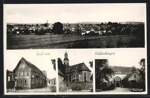 AK Heldenbergen, Gasthaus zum Adler J. Ooy, Schloss, Ortspanorama