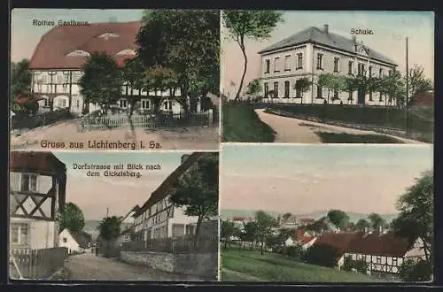 AK Lichtenberg / Erzgebirge, Rothes Gasthaus, Dorfstrasse mit Blick nach dem Gickelsberg, Ortsansicht