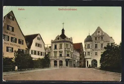 AK Aalen /Württ., Gmünderstrasse mit Bad-Anstalt Karl Fürgang und Kohlenhandlung