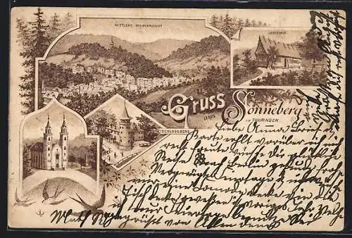 Lithographie Sonneberg /Th., Lutherhaus, Schlossberg mit Turm, Mittlere Stadtansicht