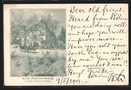 AK Nürnberg-St. Jobst, Villa Platnersberg, Ostbahnhof, mit Kutsche und Strasse