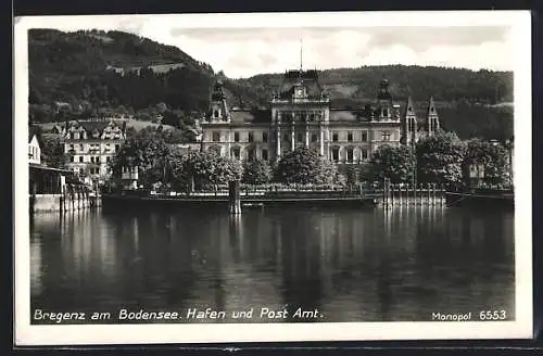AK Bregenz am Bodensee, Hafen und Postamt