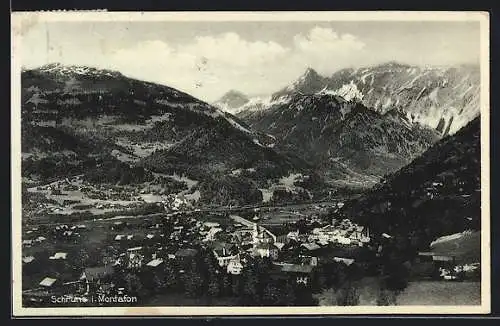 AK Schruns im Montafon, Ortsansicht mit Alpenpanorama