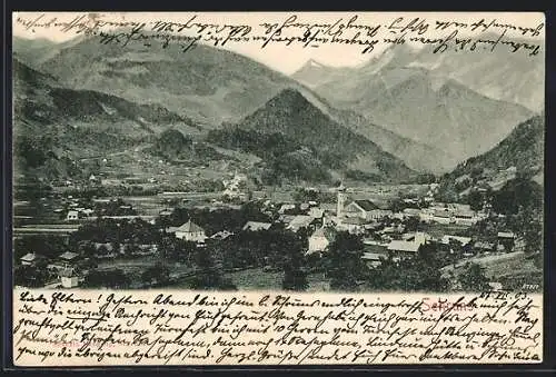 AK Schruns, Blick über die Ortschaft auf das Hochgebirge