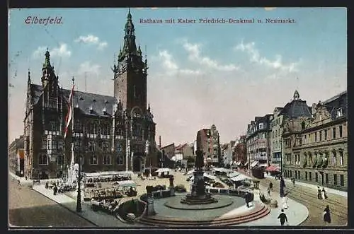 AK Elberfeld, Rathaus, Kaiser Friedrich-Denkmal und Neumarkt