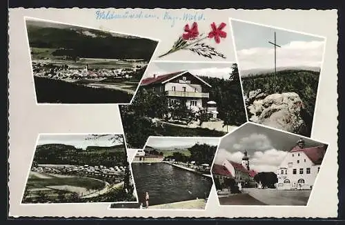 AK Waldmünchen /Bayr. Wald, Ortsansicht, Gipfelkreuz, Schwimmbad