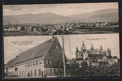 AK Bisingen, Kolonial- und Manufakturwaren, Mehl u. Kohlenhandlung, Burg Hohenzollern