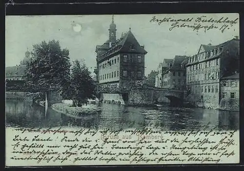 Mondschein-AK Bamberg, Untere Brücke und Rathaus