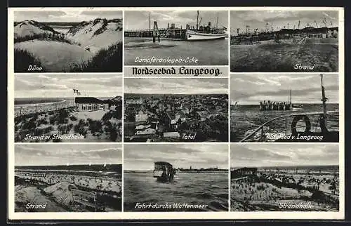 AK Langeoog, Dampferanlegebrücke, Strand, Düne