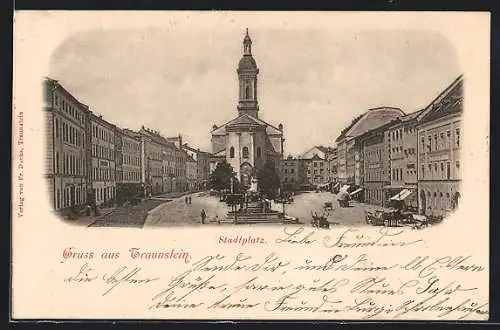 AK Traunstein, Stadtplatz mit Kirche und Pferdekarossen