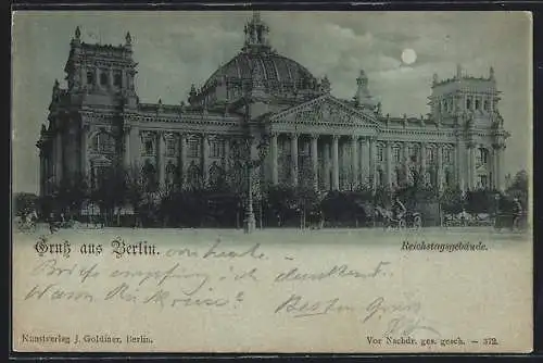 Mondschein-AK Berlin-Tiergarten, Am Reichstagsgebäude mit Kutschen