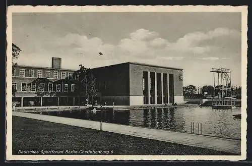 AK Berlin-Charlottenburg, Deutsches Sportforum mit Schwimmbad und Sprungturm