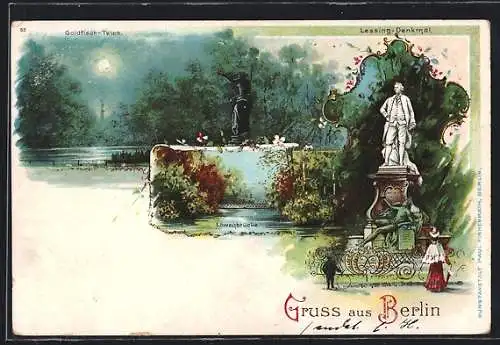 Lithographie Berlin-Tiergarten, Goldfischteich, Lessing-Denkmal, Löwenbrücke, mit Glitzerapplikation