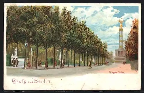 Lithographie Berlin-Tiergarten, Spaziergänger in der Sieges-Allee