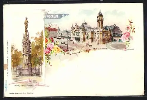 Lithographie Köln, Blick zum Bahnhof, Marien-Säule