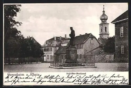 AK Gernsheim a. Rh., Schöffer-Denkmal mit Kirche