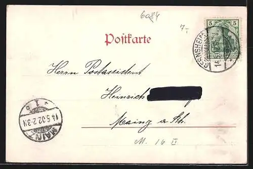 AK Gernsheim a. Rh., Schöffer-Denkmal mit Kirche