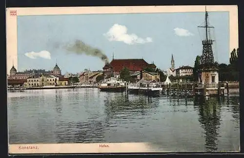 AK Konstanz, Hafen mit Dampfer an der Anlegestelle