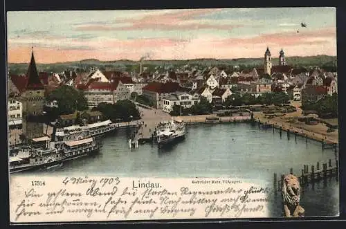 AK Lindau /Bodensee, Ortsansicht mit Hafenpartie und Dampfer