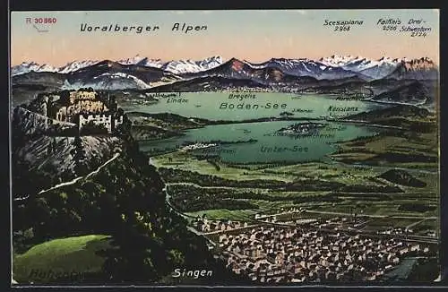 AK Hohentwiel-Singen, Ortsansicht mit Bodensee und Vorarlberger Alpen