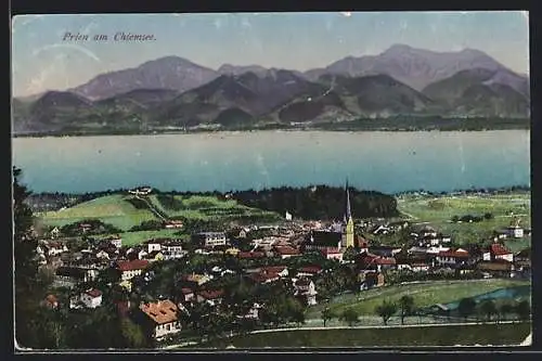 AK Prien am Chiemsee, Ortsansicht mit Seepartie aus der Vogelschau