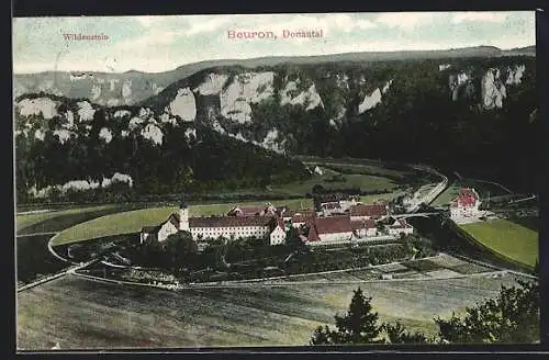 AK Beuron, Gesamtansicht mit Kloster und Blick auf den Wildenstein