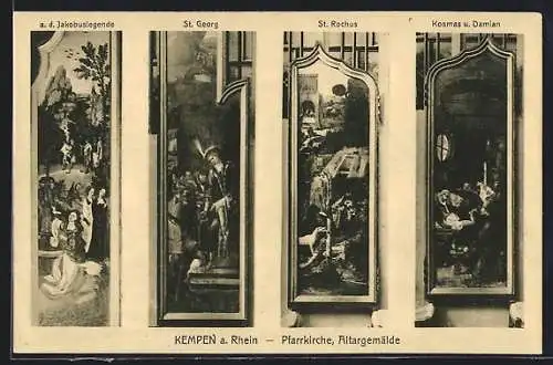 AK Kempen, Pfarrkirche, Altargemälde, a. d. Jakobuslegende, St. Georg, St. Rochus, Kosmas u. Damian