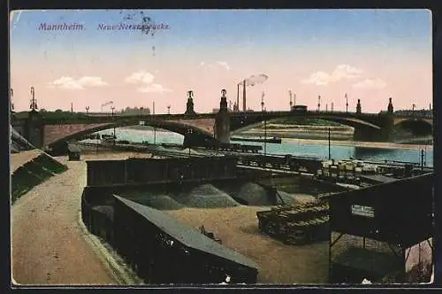 AK Mannheim, Partie an der neuen Neckarbrücke mit Kohlehandlung Koegel und Güterwagons