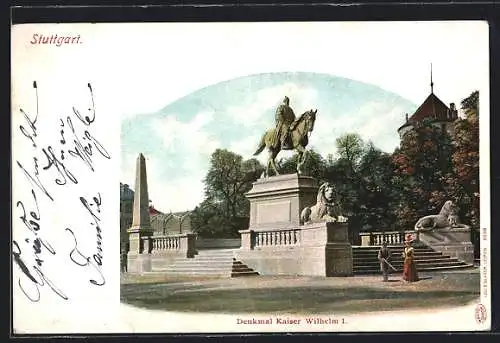 Lithographie Stuttgart, am Denkmal Kaiser Wilhelm I.