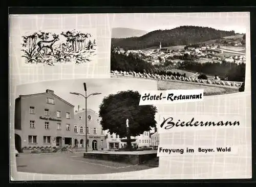 AK Freyung /Bayer. Wald, Hotel-Restaurant Biedermann, Ortsansicht aus der Vogelschau