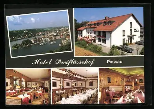 AK Passau, Hotel Dreiflüssehof, Danziger Strasse 42 /44, Ortsansicht aus der Vogelschau