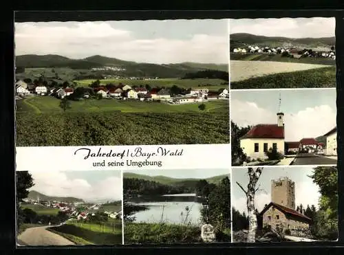 AK Jahrdorf, Totalansicht mit Bergpanorama, Kirche, Seeansicht, kleine Burg, verschiedene Ortsansichten