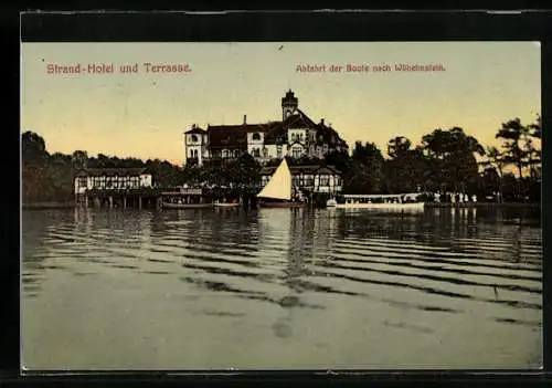 AK Steinhude, Strand-Hotel und Terrasse, Abfahrt der Boote nach Wilhelmstein