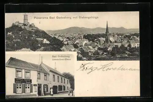 AK Bad Godesberg, Gasthof zum Godesberg, Aennchen-Haus, Panorama mit Siebengebirge